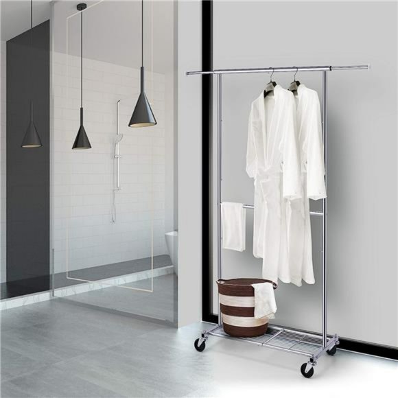 Standard Clothing Garment Rack with Wheels & Bottom Shelves, Extendable, Chrome - Picture 5 of 6